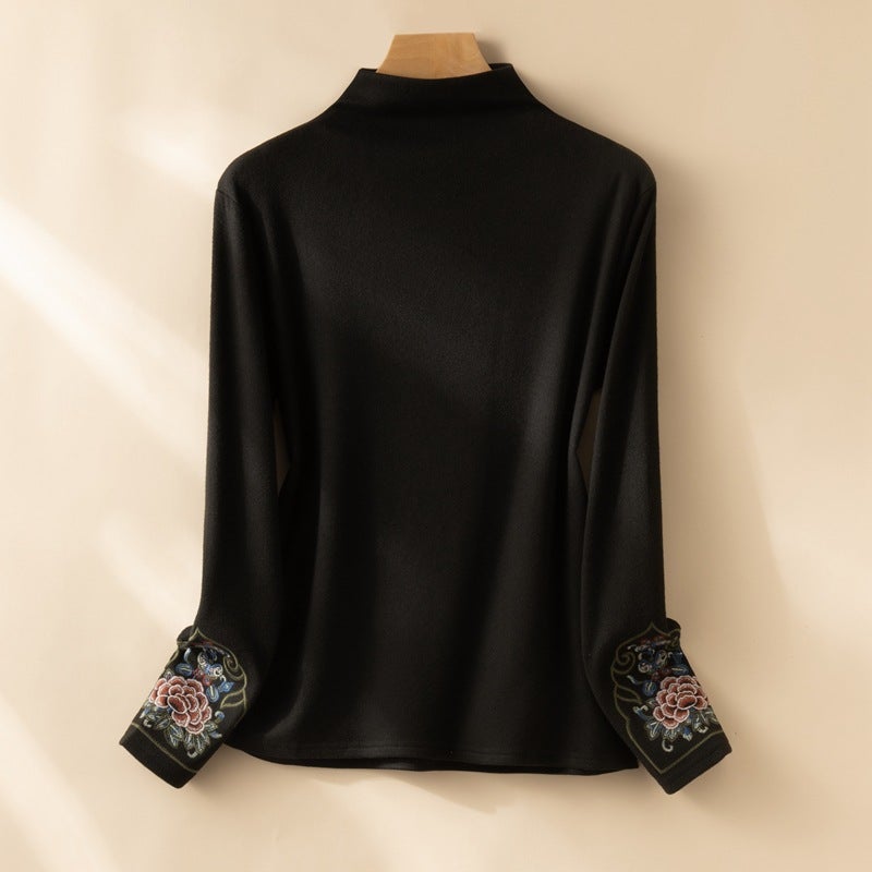 Style Half-High Collar Double-Sided German Velvet Knitted Base Shirt For Women, Long-Sleeved, Chinese Style Embroidery, Soft And Cozy Winter Top - Image 5